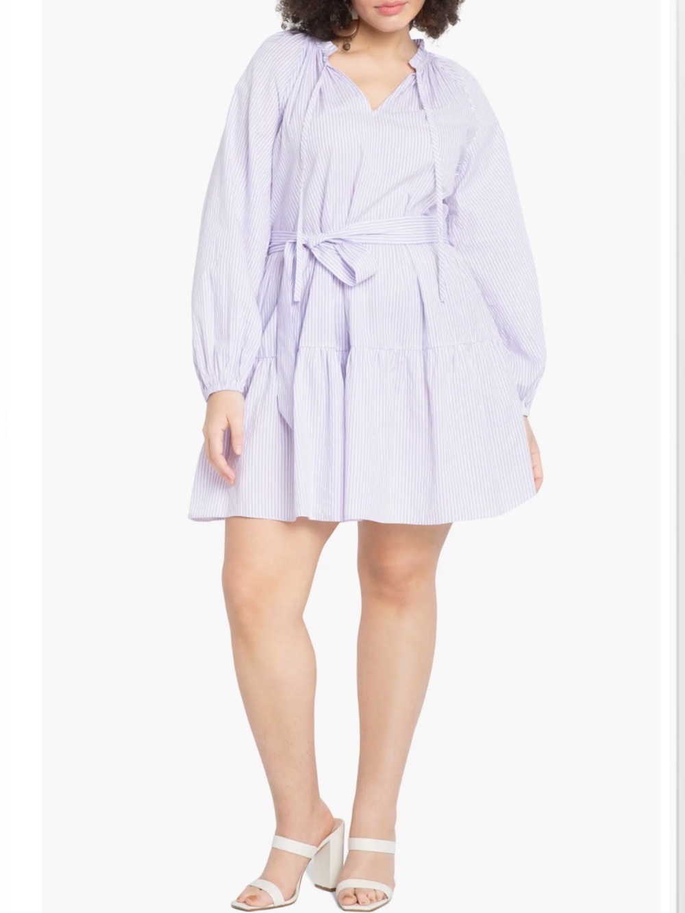 Eloquii Light Lavender Striped Tie-Waist Tiered Mini Dress